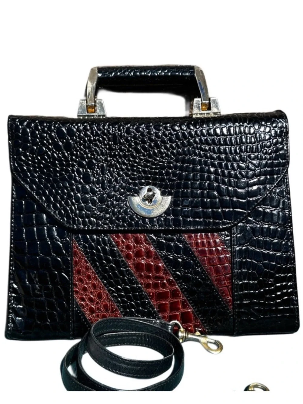 MICHELLE GENUINE LEATHER 80’s Croc-Embossed Black Burgundy Handle Satchel Strap